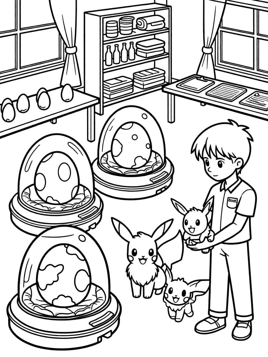 A Pokémon breeding center with eggs in incubators, baby Pokémon playing, and care equipment everywhere