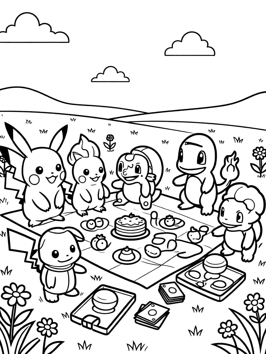 Multiple Pokémon having a picnic together in a meadow with berries, Pokémon food, and games scattered around