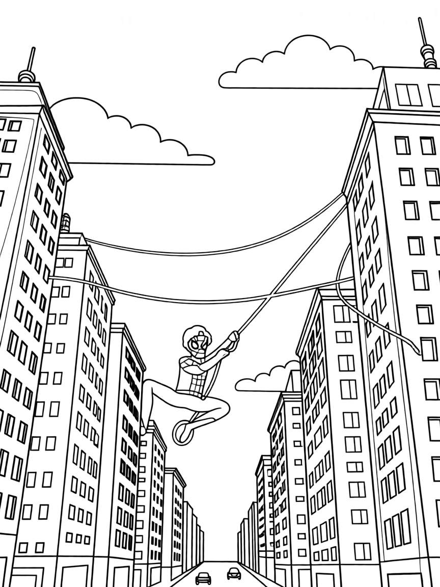 Spider-Man swinging between New York City skyscrapers with his web-shooters, leaving web trails behind him