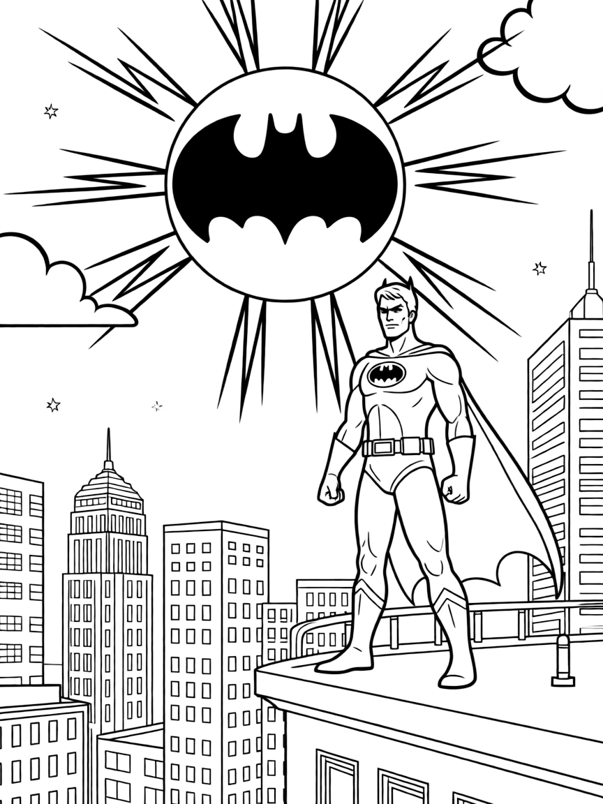 Batman standing on a Gotham City rooftop with his cape flowing, the Bat-Signal shining in the cloudy night sky