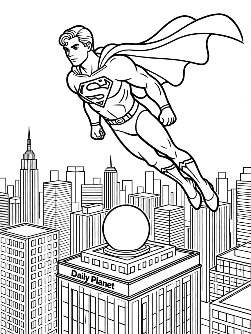 Superman flying high above Metropolis with his cape streaming behind him, the Daily Planet building visible below