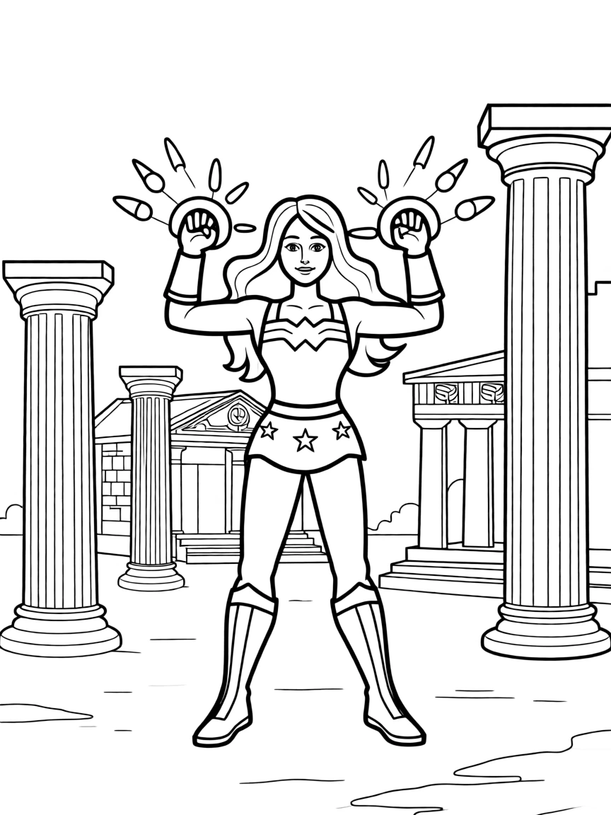 Wonder Woman deflecting bullets with her bracelets on Paradise Island, with ancient Greek architecture around