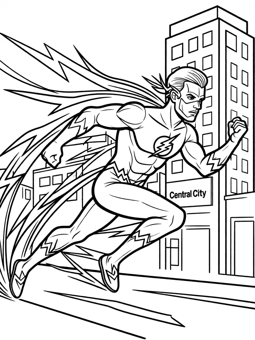 The Flash running at super speed through Central City, leaving lightning trails and speed force energy
