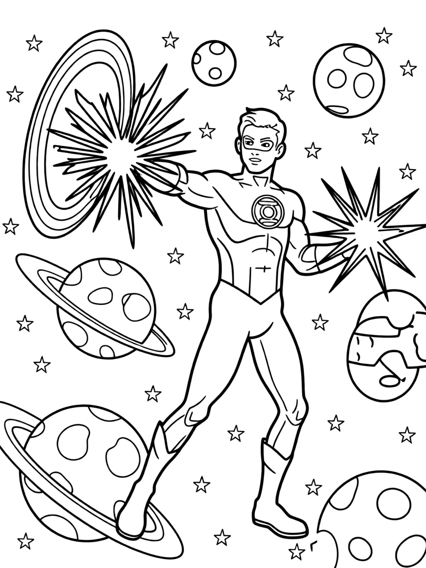 Green Lantern creating constructs with his power ring in space, with planets and stars in the background