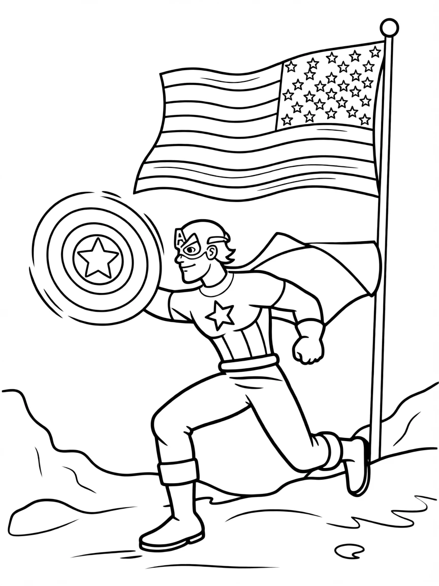 Captain America throwing his shield while running through a battlefield, with the American flag waving behind