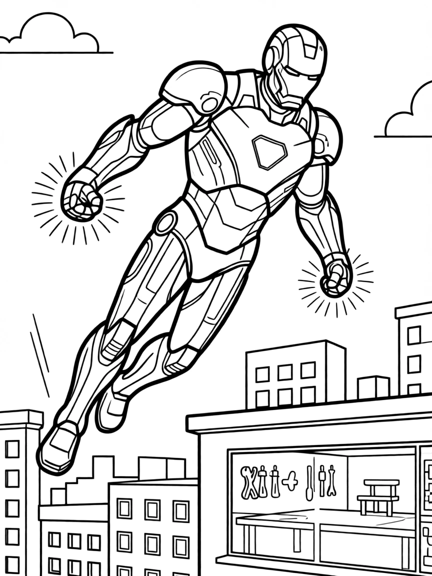 Iron Man flying in his suit with repulsors glowing, above a cityscape with his workshop visible through windows