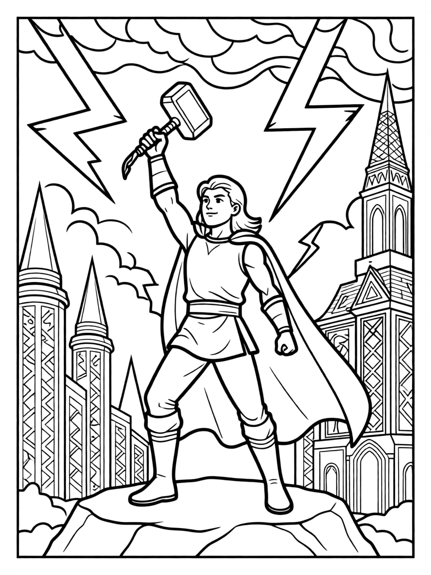 Thor wielding Mjolnir during a thunderstorm in Asgard, with lightning bolts and Norse architecture around