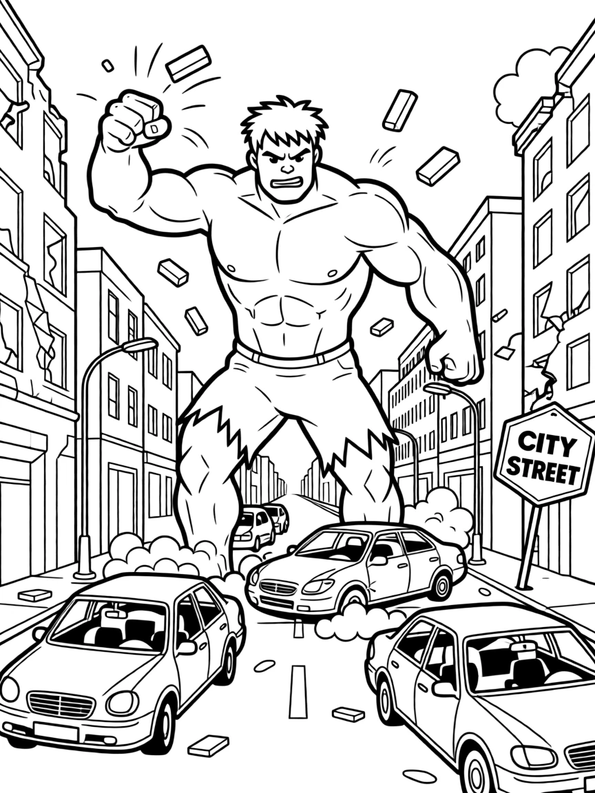 Hulk smashing through a city street with debris flying everywhere, cars overturned and buildings damaged