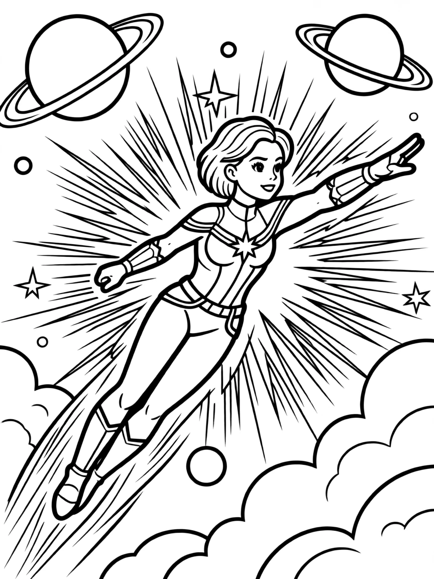 Captain Marvel flying through space with cosmic energy surrounding her, planets and nebulae in the distance