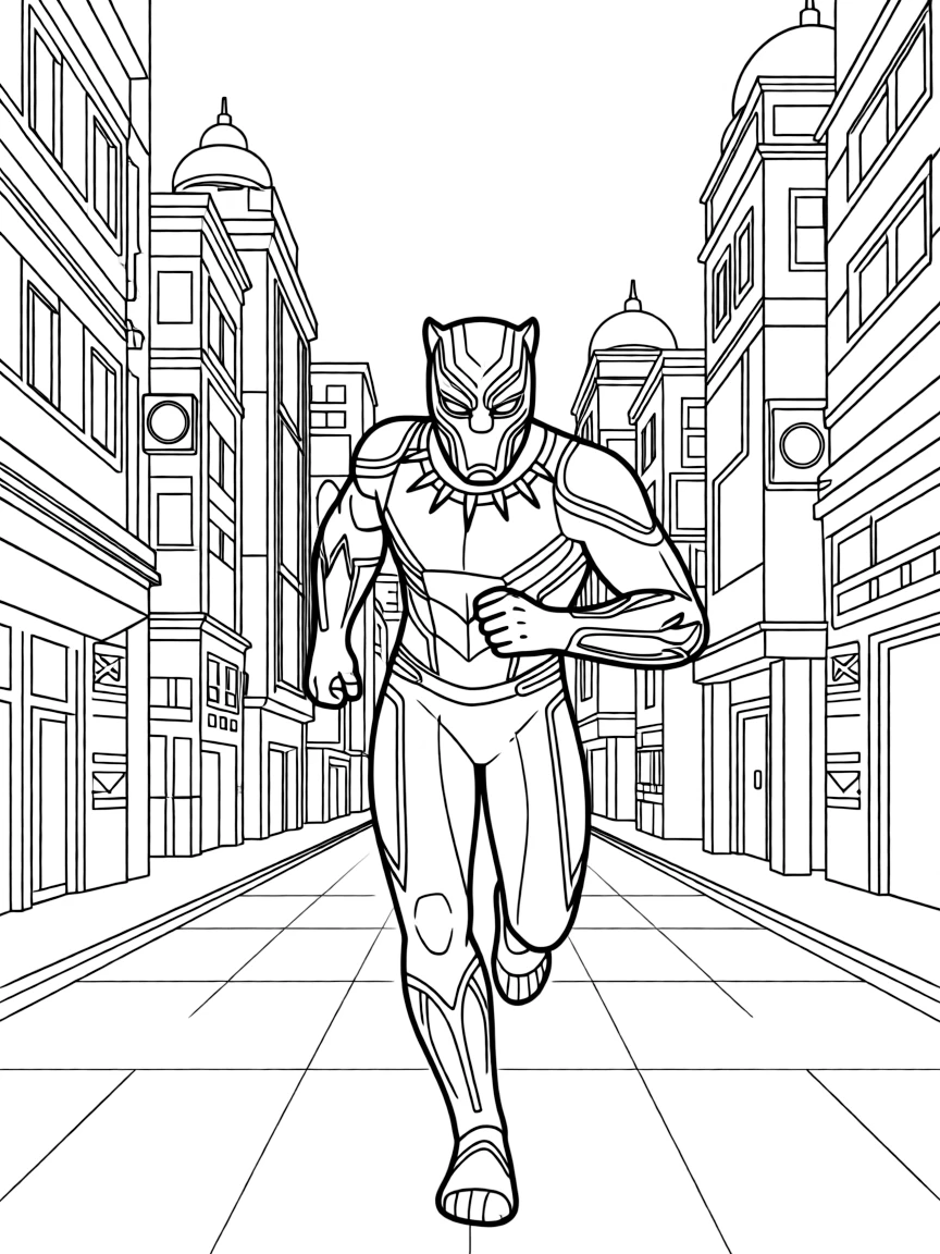 Black Panther running through the streets of Wakanda with vibranium technology and African architecture