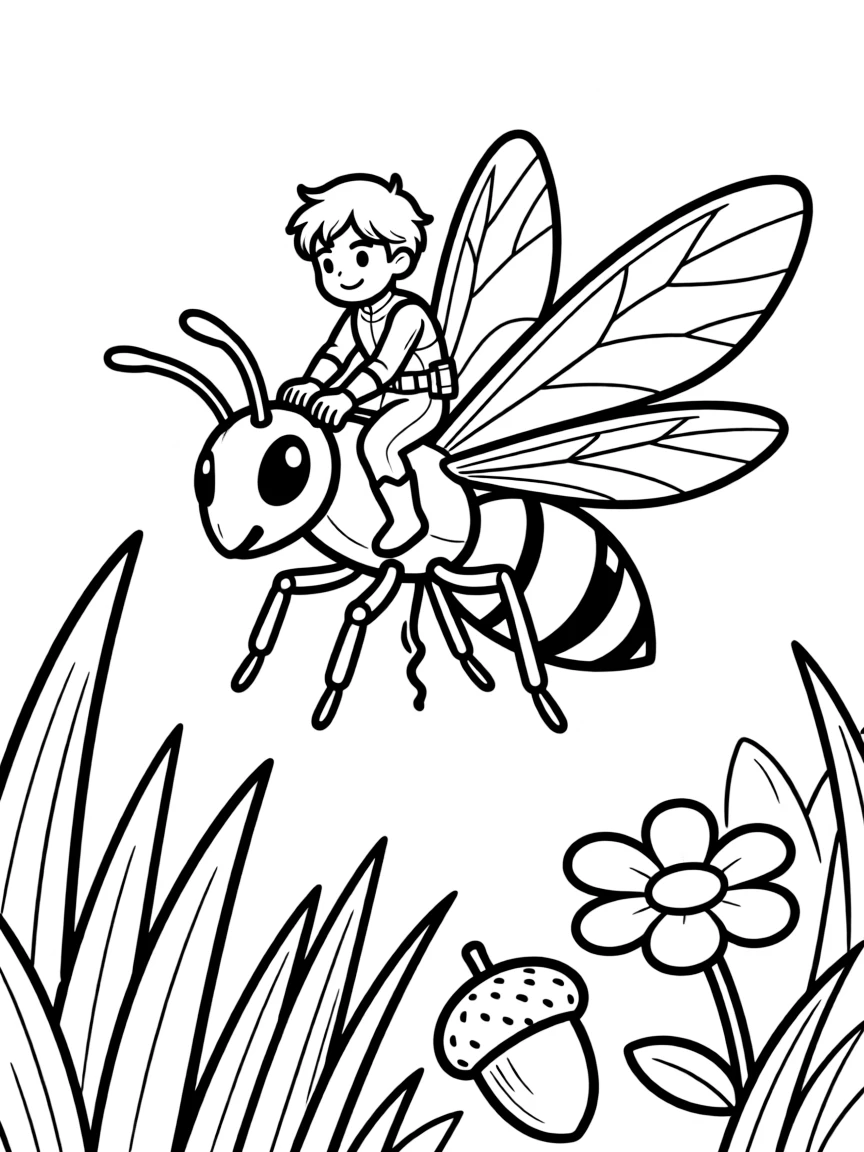 Ant-Man shrinking down to ant size while riding on a flying ant, with a giant world perspective around him