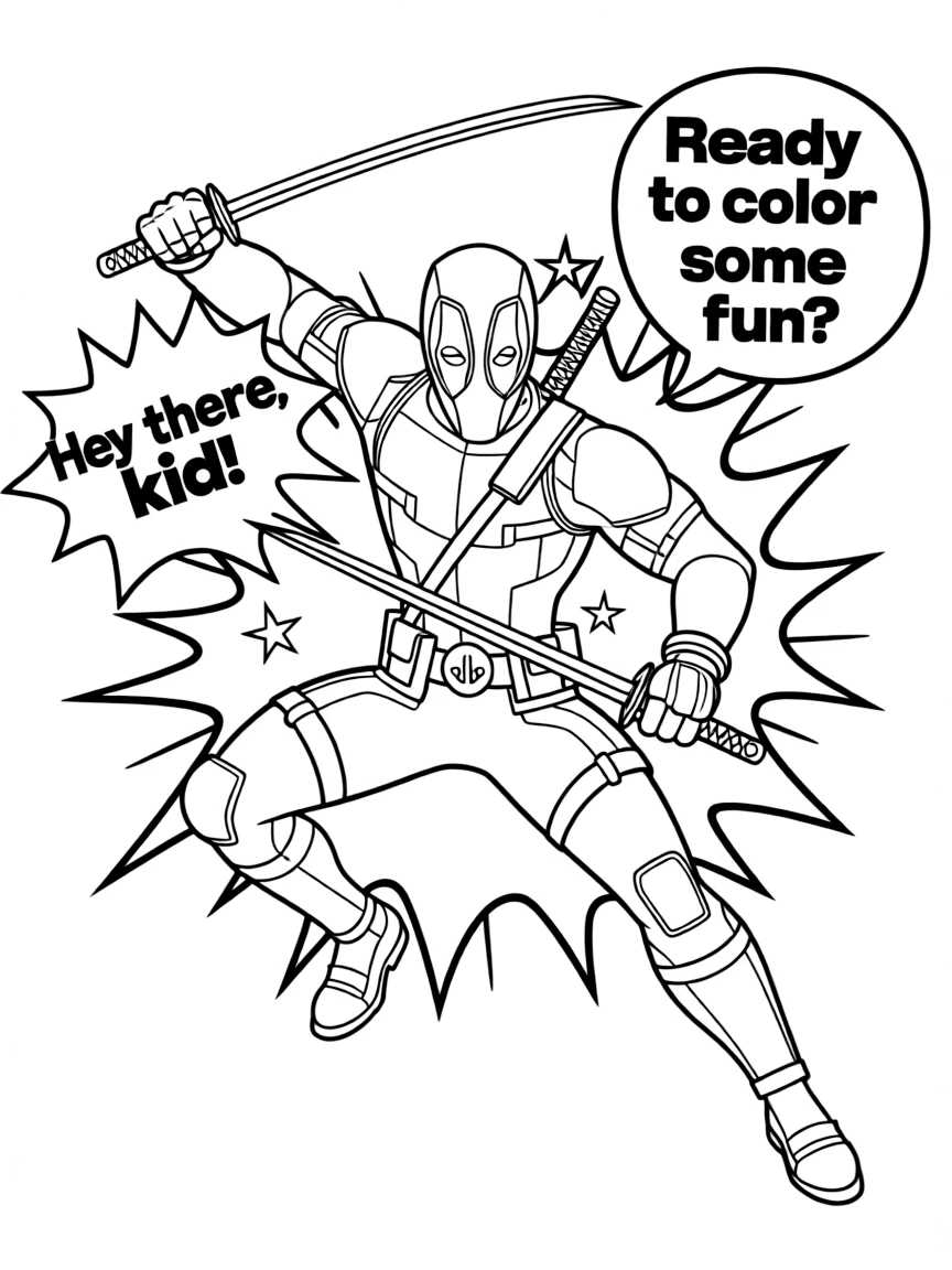 Deadpool in action with his katanas drawn, breaking the fourth wall with speech bubbles and comic effects