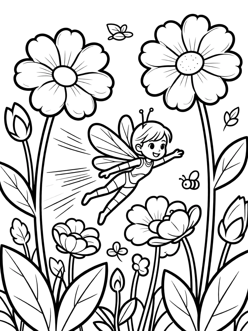 The Wasp flying at tiny size with her wings buzzing, navigating through a garden of enormous flowers