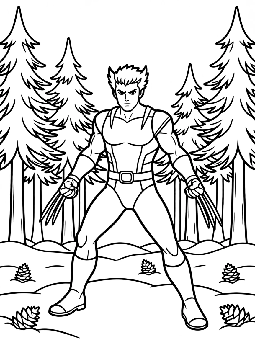 Wolverine in a fighting stance with his claws extended, in a Canadian forest with snow and pine trees
