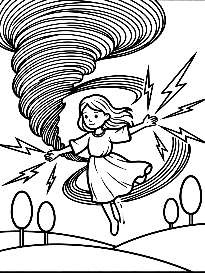 Storm controlling weather with lightning and tornadoes swirling around her, floating above a landscape