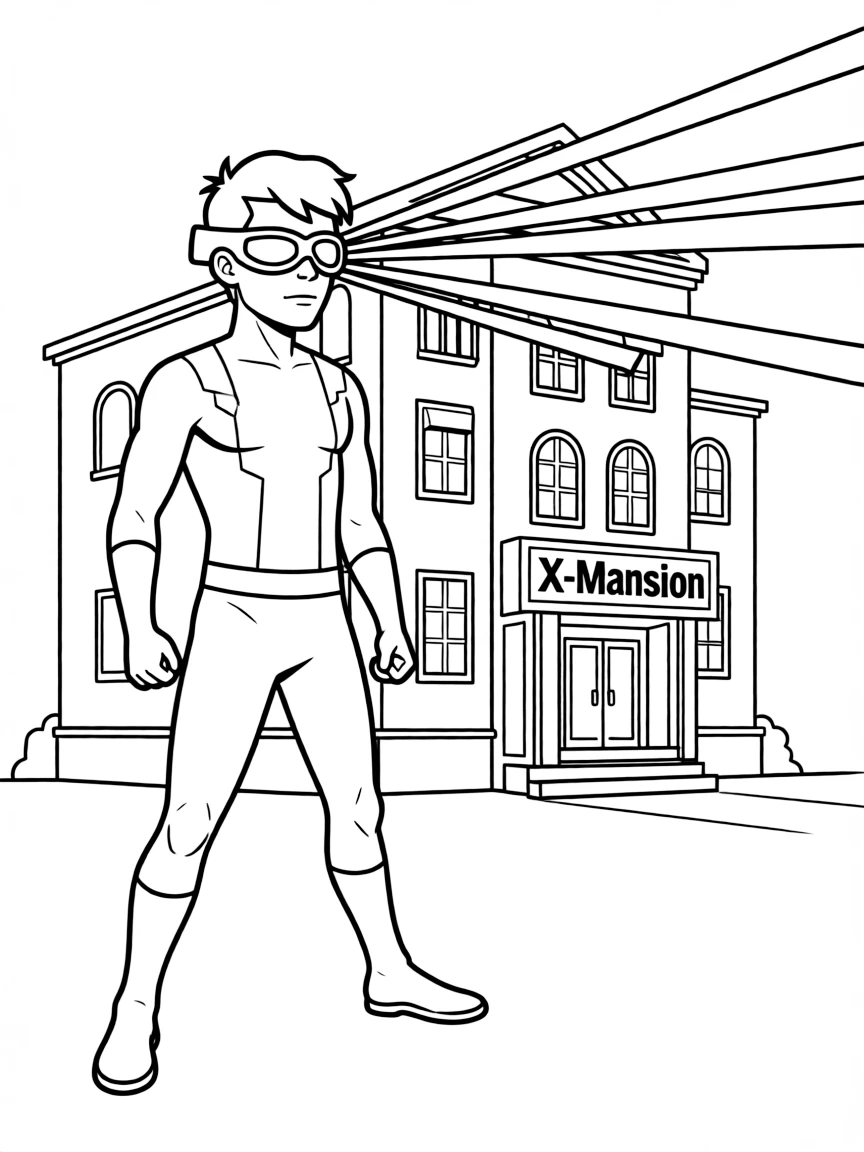 Cyclops using his optic blasts with his visor glowing red, standing in front of the X-Mansion school