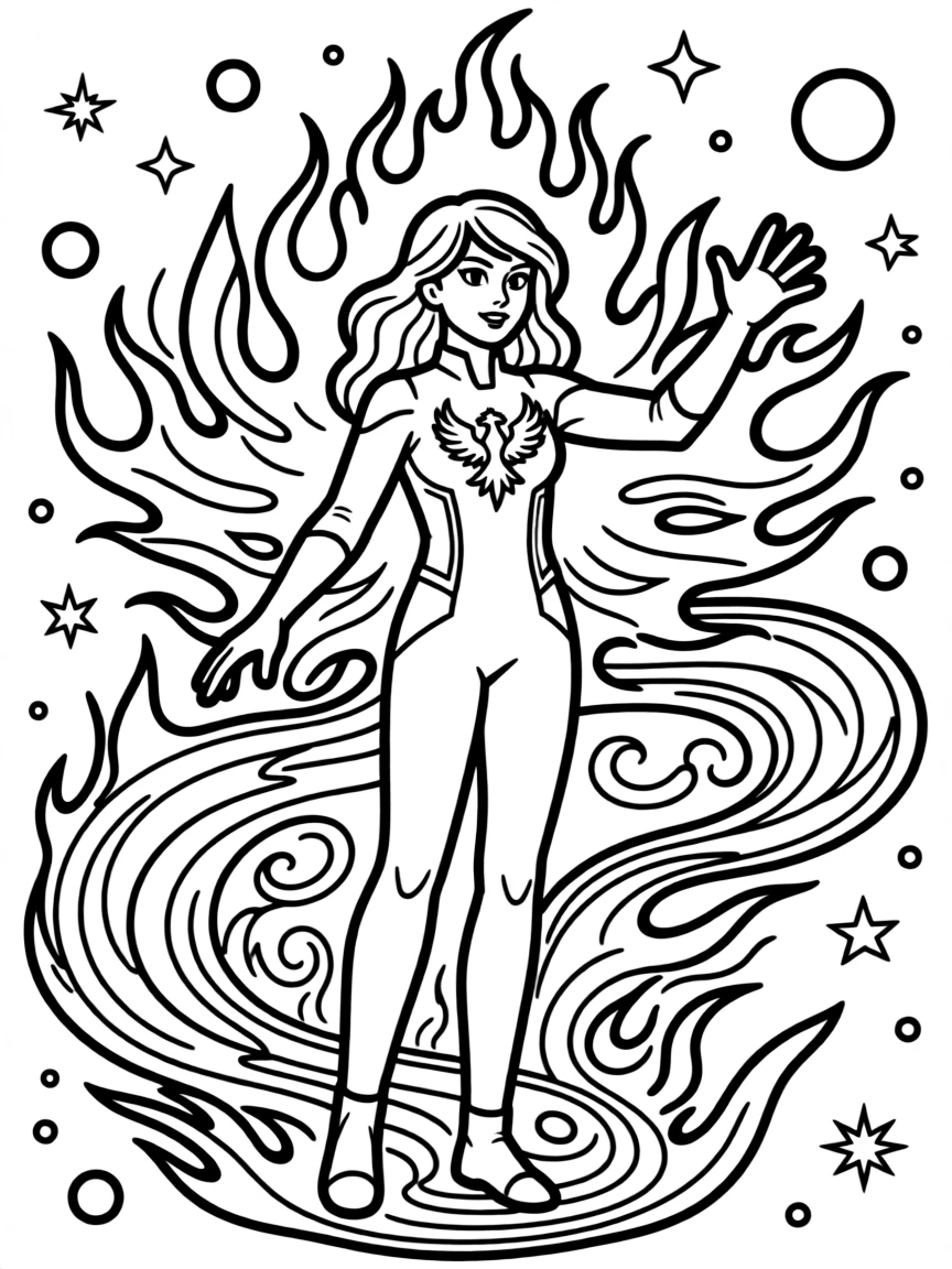 Jean Grey using her Phoenix powers with fire and psychic energy radiating around her in space