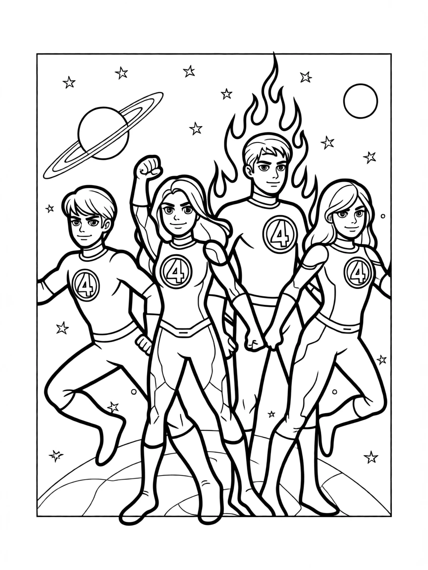 The Fantastic Four working together as a team, each using their unique powers in a cosmic adventure