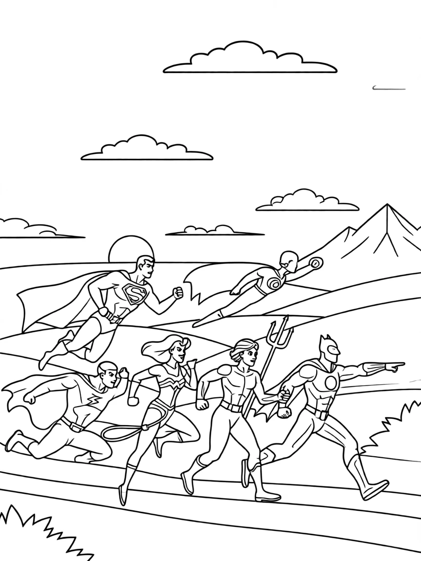 The Justice League flying and running together across a dramatic landscape with their iconic poses