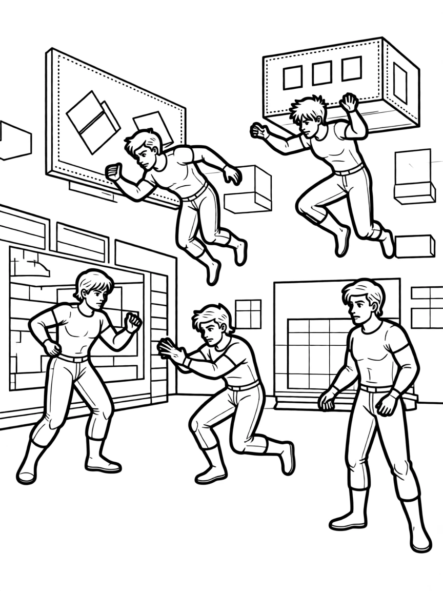 The X-Men at their school training in the Danger Room with holographic obstacles and challenges