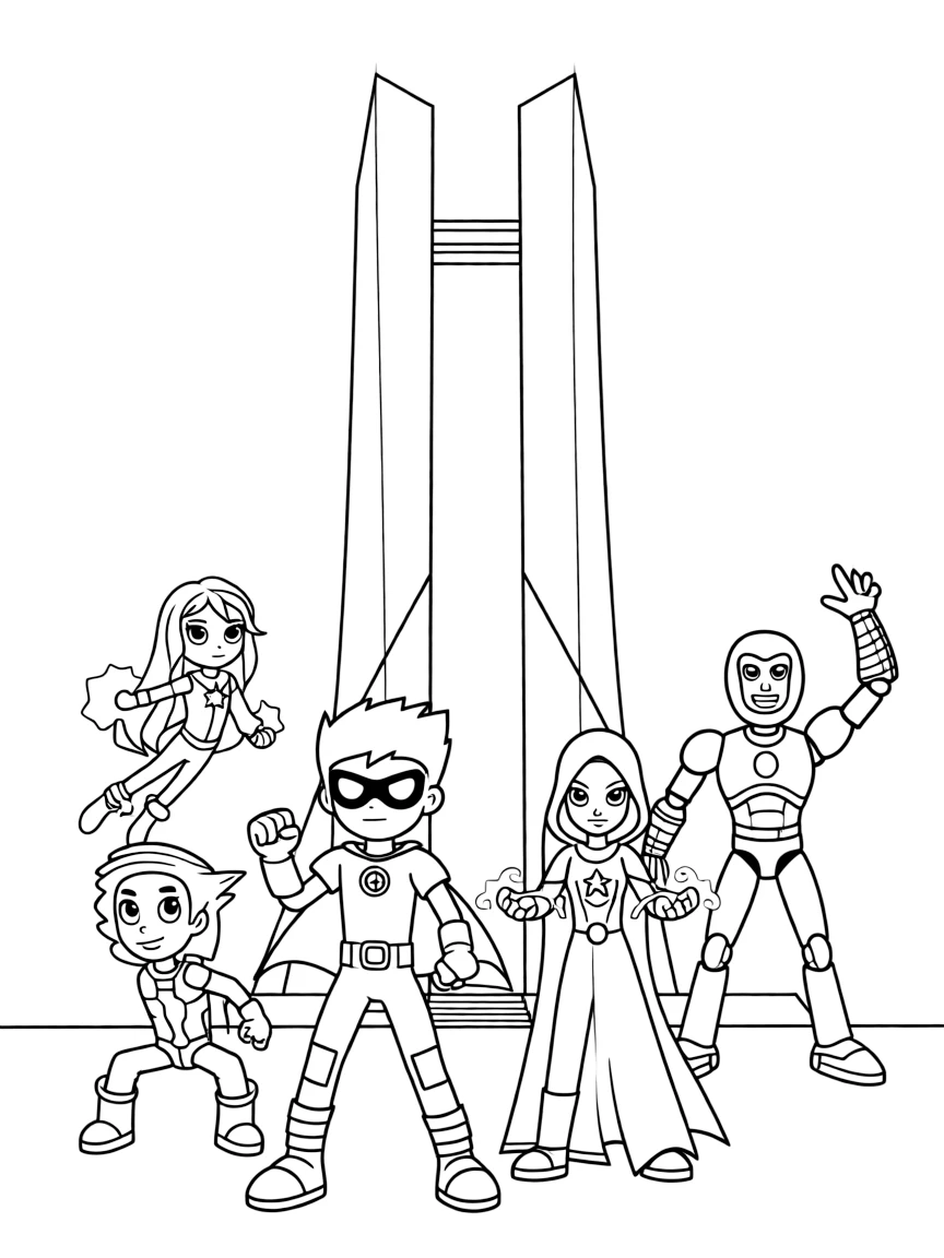 The Teen Titans at Titans Tower with each member showcasing their individual abilities and personalities