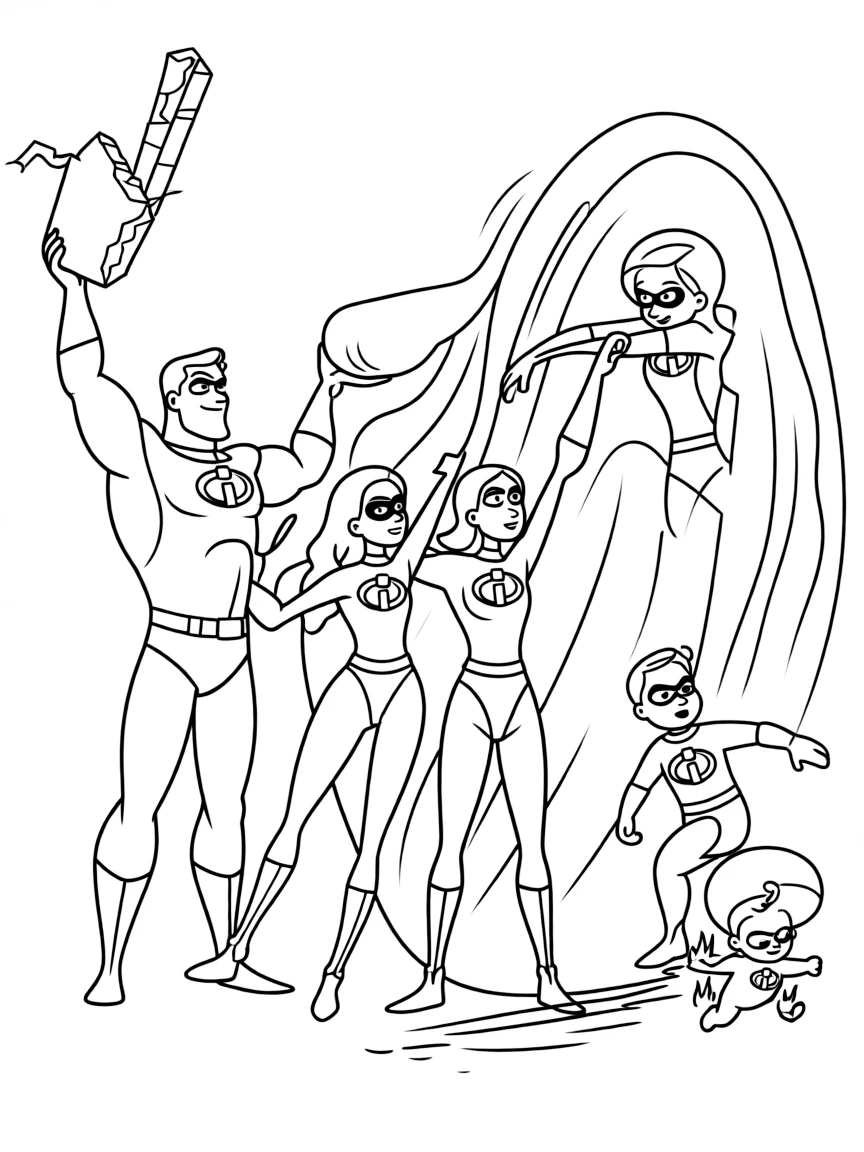 The Incredibles family working together in their super suits, each using their powers to save the day