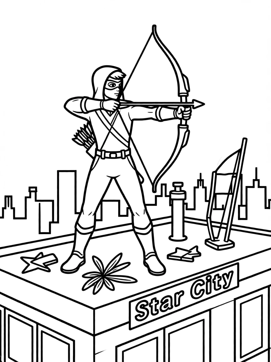 Green Arrow shooting arrows from a rooftop in Star City, with his trick arrows and archery equipment