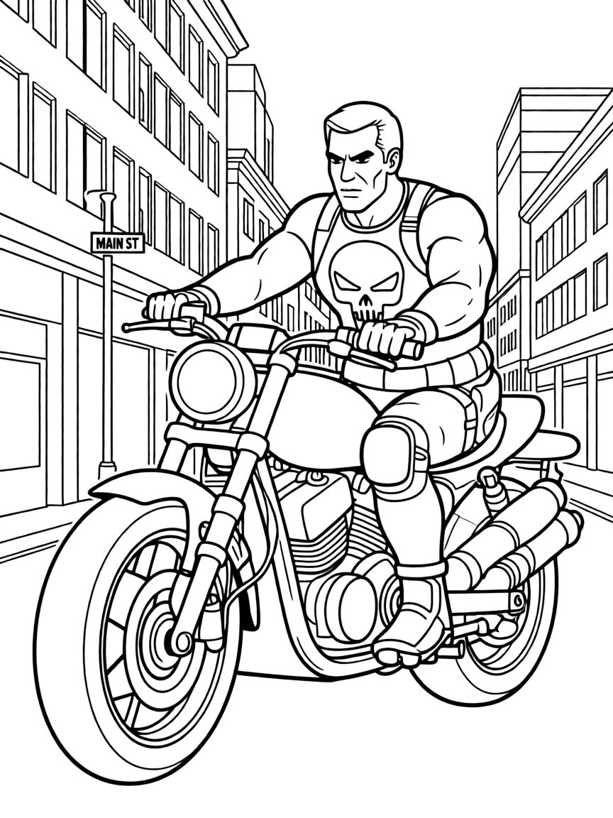 The Punisher on a motorcycle chase through urban streets, with weapons and tactical gear visible
