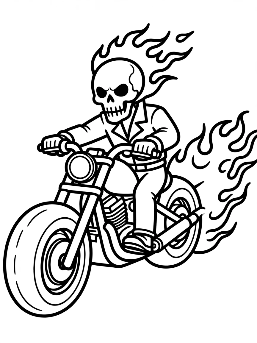 Ghost Rider riding his flaming motorcycle with his skull on fire, leaving a trail of hellfire behind