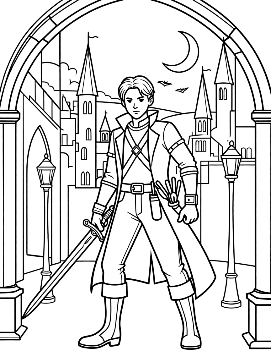 Blade hunting vampires in a gothic cityscape with his sword and vampire-hunting equipment ready