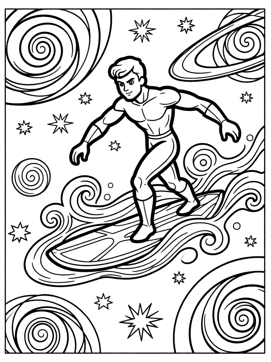 The Silver Surfer surfing through space on his cosmic board with galaxies and cosmic energy around