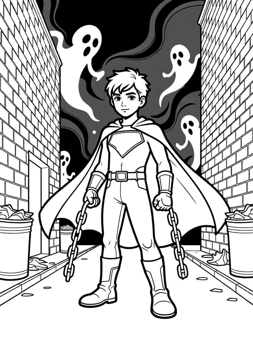 Spawn in an alley with his chains and cape flowing dramatically, surrounded by supernatural darkness