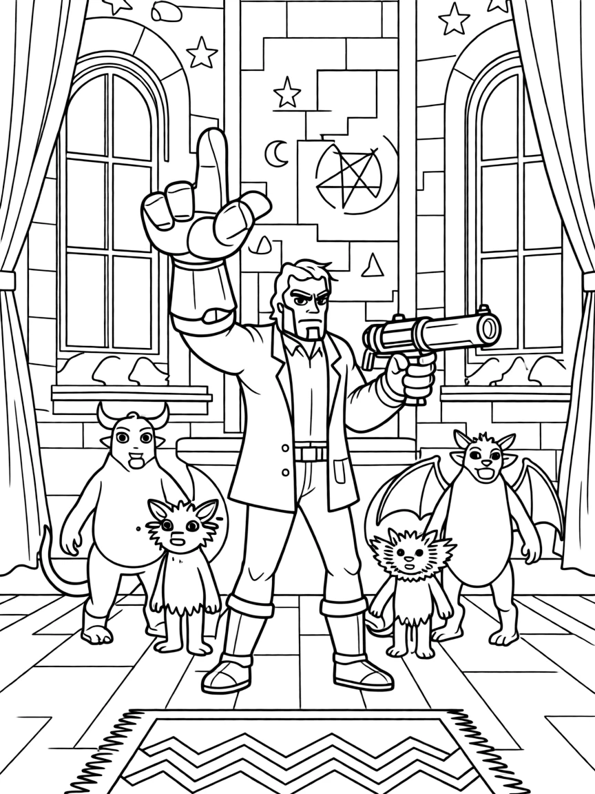 Hellboy fighting monsters with his stone hand and gun, in a spooky mansion with occult symbols