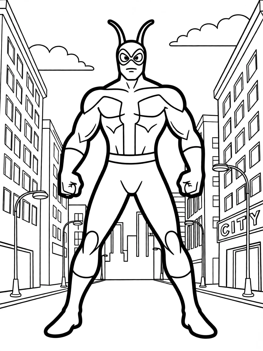 The Tick standing heroically in The City with his blue costume and antennae, ready to fight evil