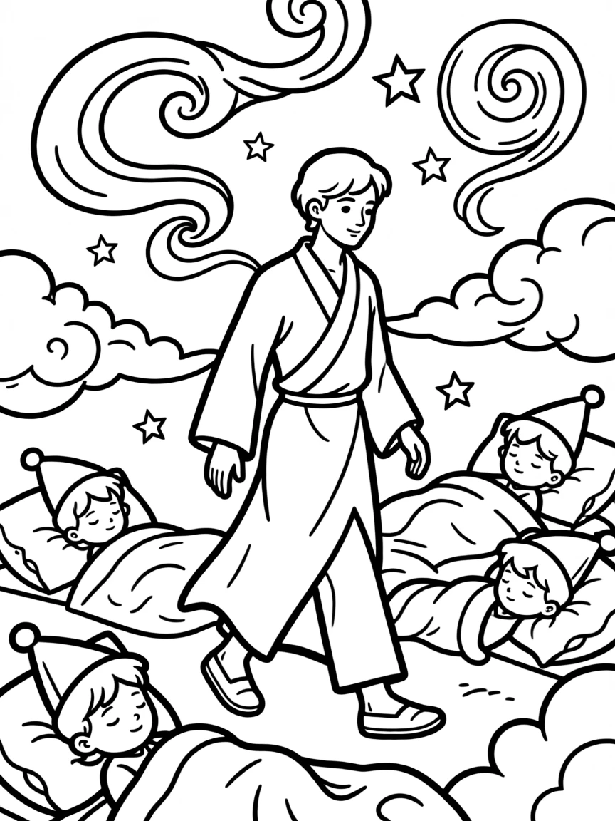 Sandman walking through the realm of dreams with swirling dream imagery and sleeping figures around him