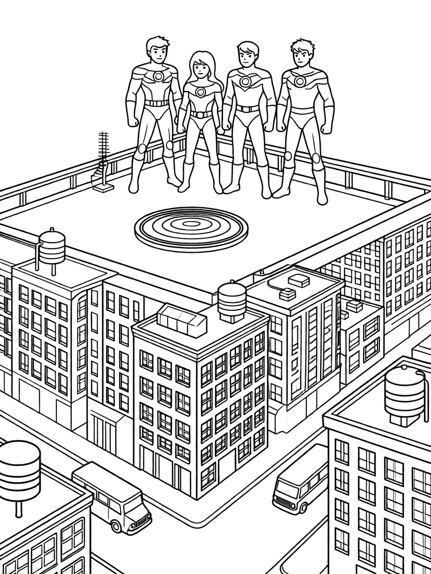 Watchmen heroes standing together on a city rooftop during a tense moment, with 1980s architecture below
