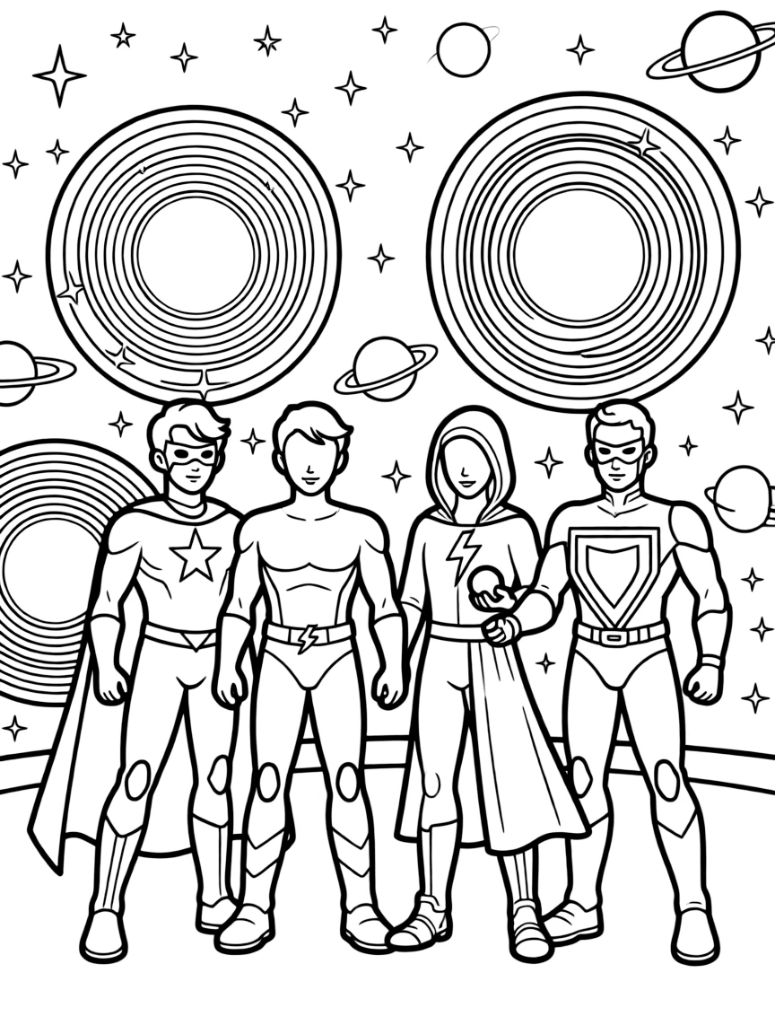 Multiple superheroes from different universes meeting in a cosmic crossover event with reality portals