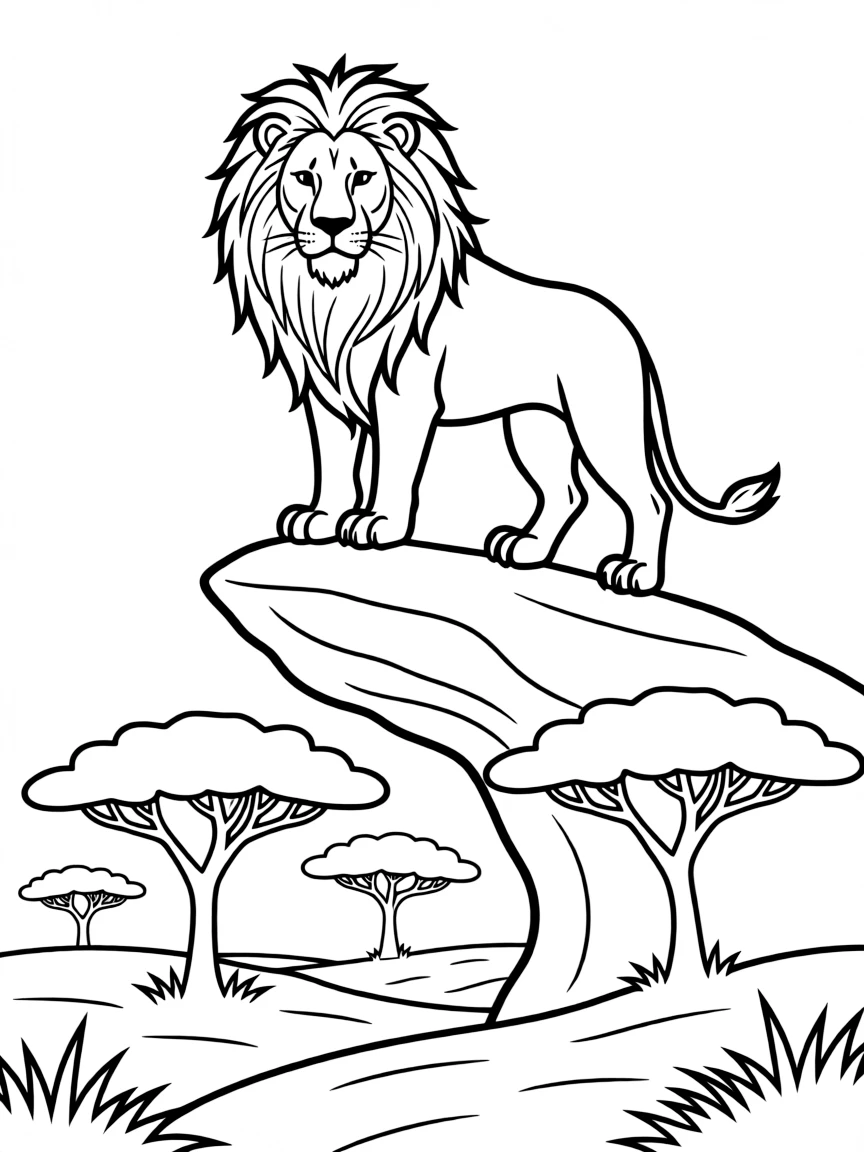 A majestic lion with a full mane standing on Pride Rock, surveying the African savanna with acacia trees