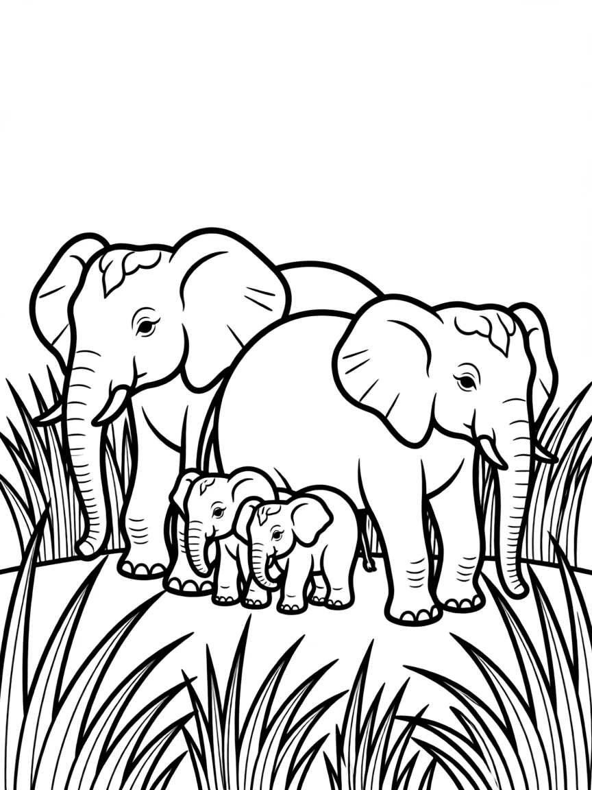 A family of elephants walking through tall grass, with babies staying close to their mothers' sides