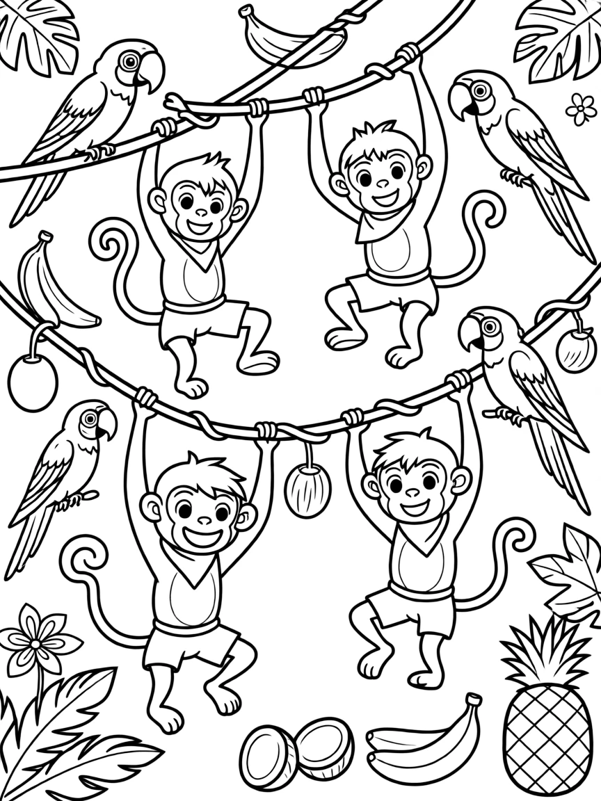 A playful group of monkeys swinging through jungle vines, with tropical fruits and colorful parrots nearby