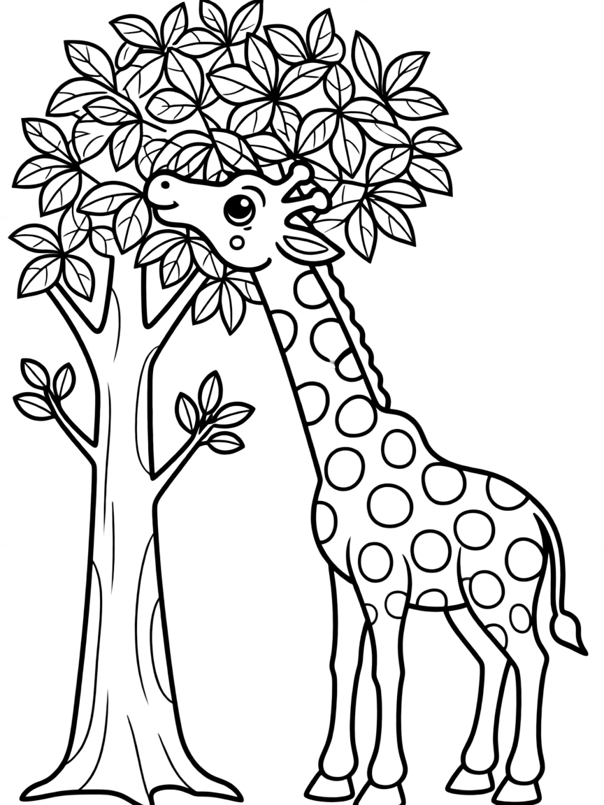A gentle giraffe bending down to eat leaves from a tall tree, with its distinctive spotted pattern clearly visible