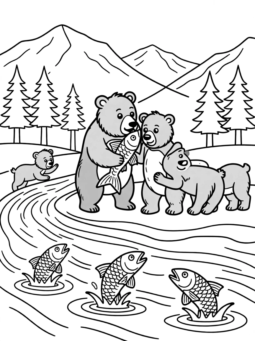 A mother bear and her cubs fishing for salmon in a rushing river, with pine trees and mountains behind