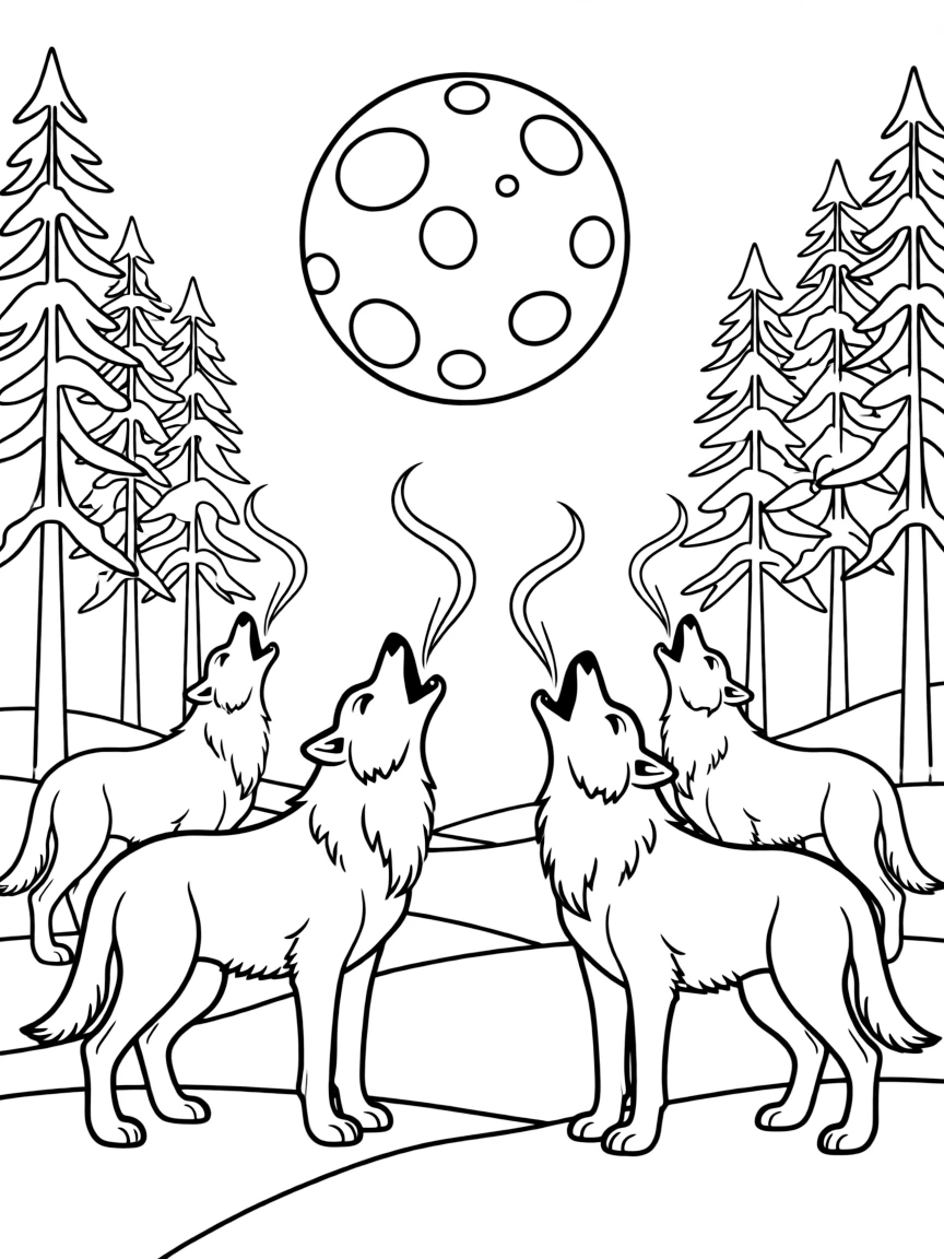A pack of wolves howling at a full moon in a snowy forest clearing, with their breath visible in cold air