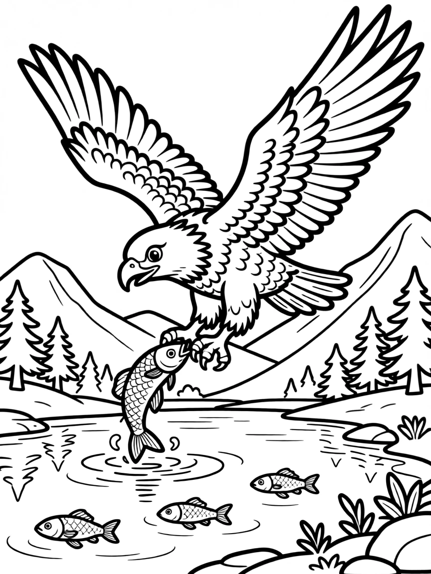 A soaring eagle catching fish from a crystal-clear mountain lake, with its wings spread wide showing detail