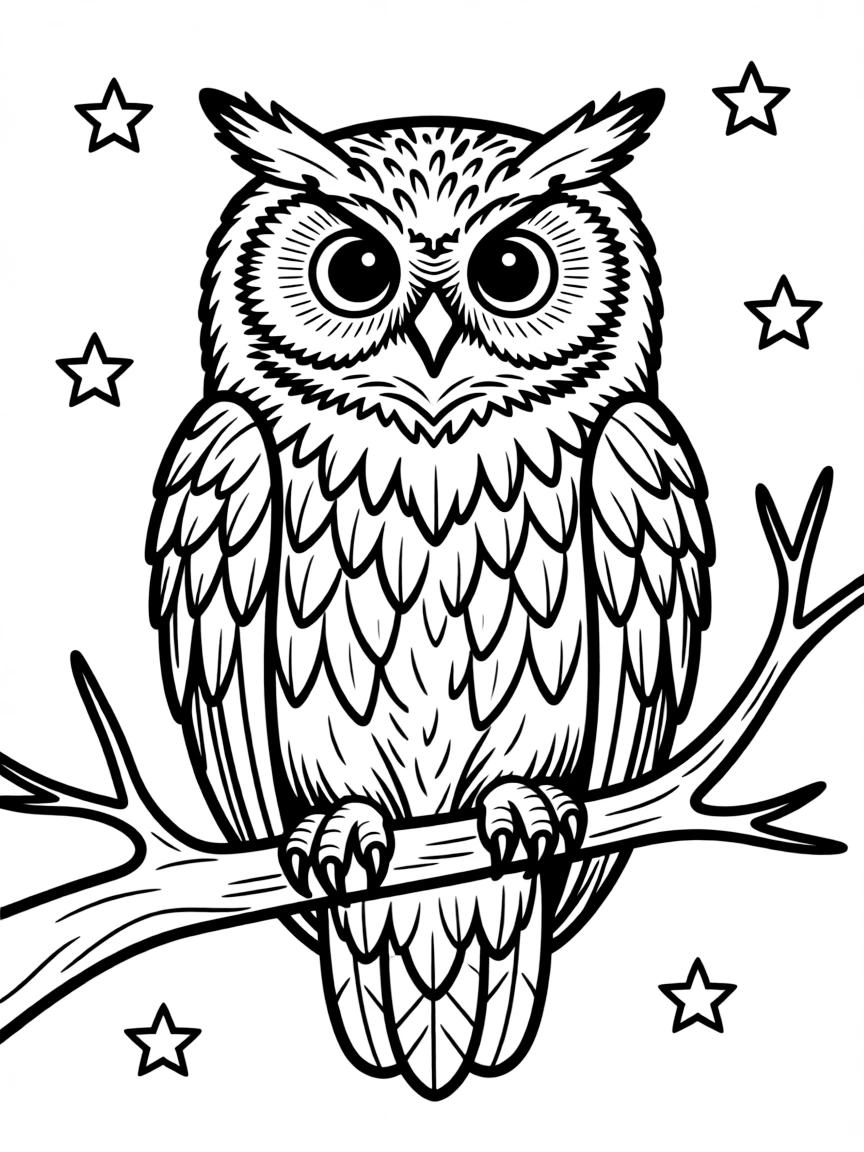A wise old owl perched on a branch at night, with large eyes and detailed feathers, surrounded by stars