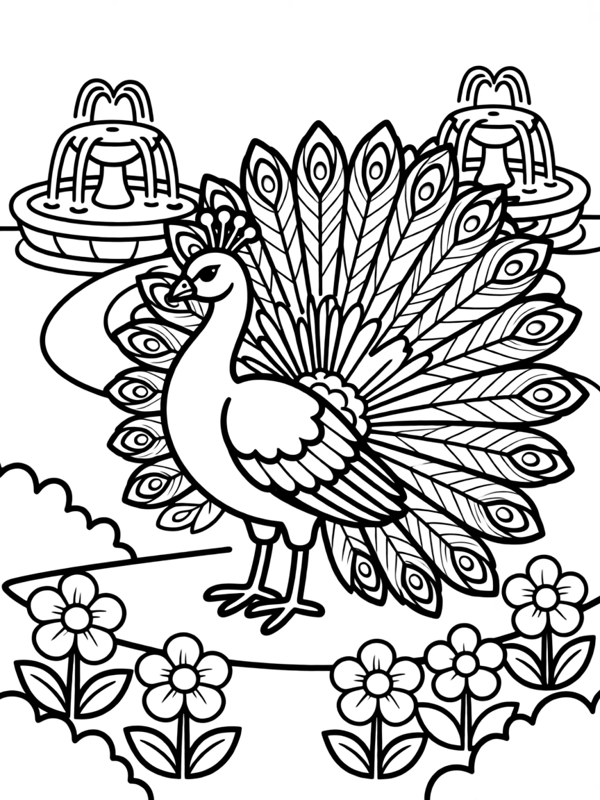 A colorful peacock displaying its magnificent tail feathers in a garden setting with fountains and flowers