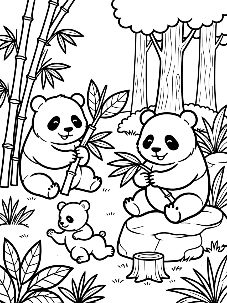 A family of pandas eating bamboo in a lush forest, with baby pandas playing while adults munch peacefully