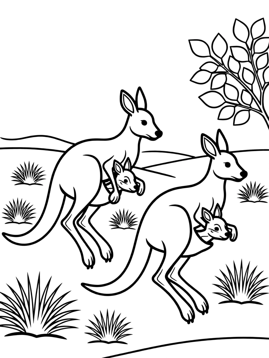 A kangaroo family hopping across the Australian outback, with joeys peeking out from their mothers' pouches