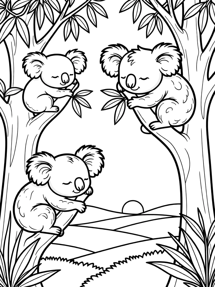 A koala family sleeping in eucalyptus trees, with detailed fur and the distinctive Australian landscape