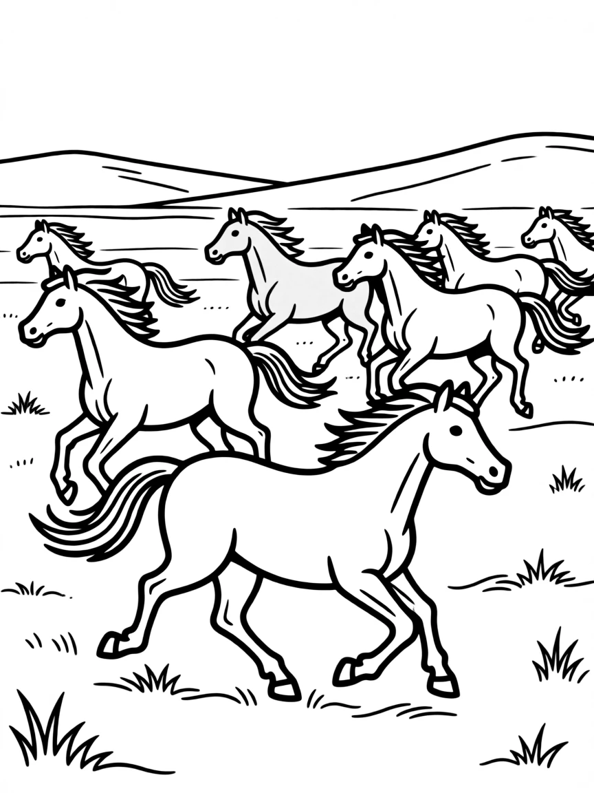 A herd of wild horses running free across open plains, with their manes and tails flowing in the wind